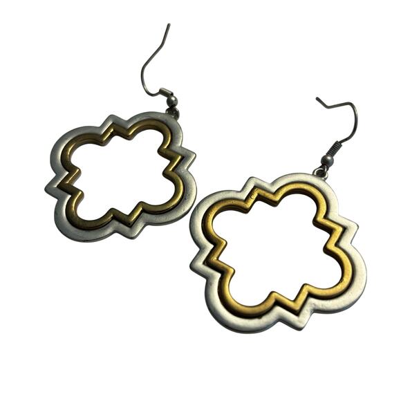 Pierced earrings brushed nickel & goldtone drop dangle fashion statement jewelry - Picture 2 of 8